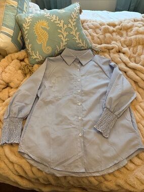 Women’s Long Sleeve Button-Down Shirt - Light Blue & White striped with pocket!